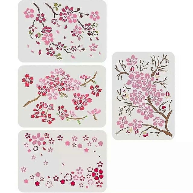 Juego de 4 plantillas de flores de cerezo de 117 x 83 pulgadas con diseño de ramas de cerezo. Plantillas de plástico con estampado floral.