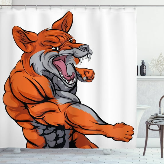 Ambesonne Fox Shower Curtain, Muscular Sports Fox Mascot, 69"Wx84"L, Orange Grey White