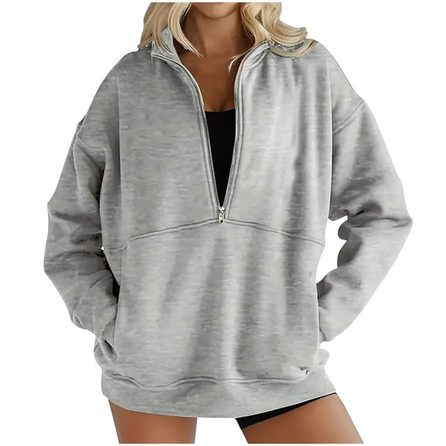 MeetoTime Half Zip Sweatshirt for Women Fleece Long Sleeve Collared Oversized Casual Sweatshirt with Pockets