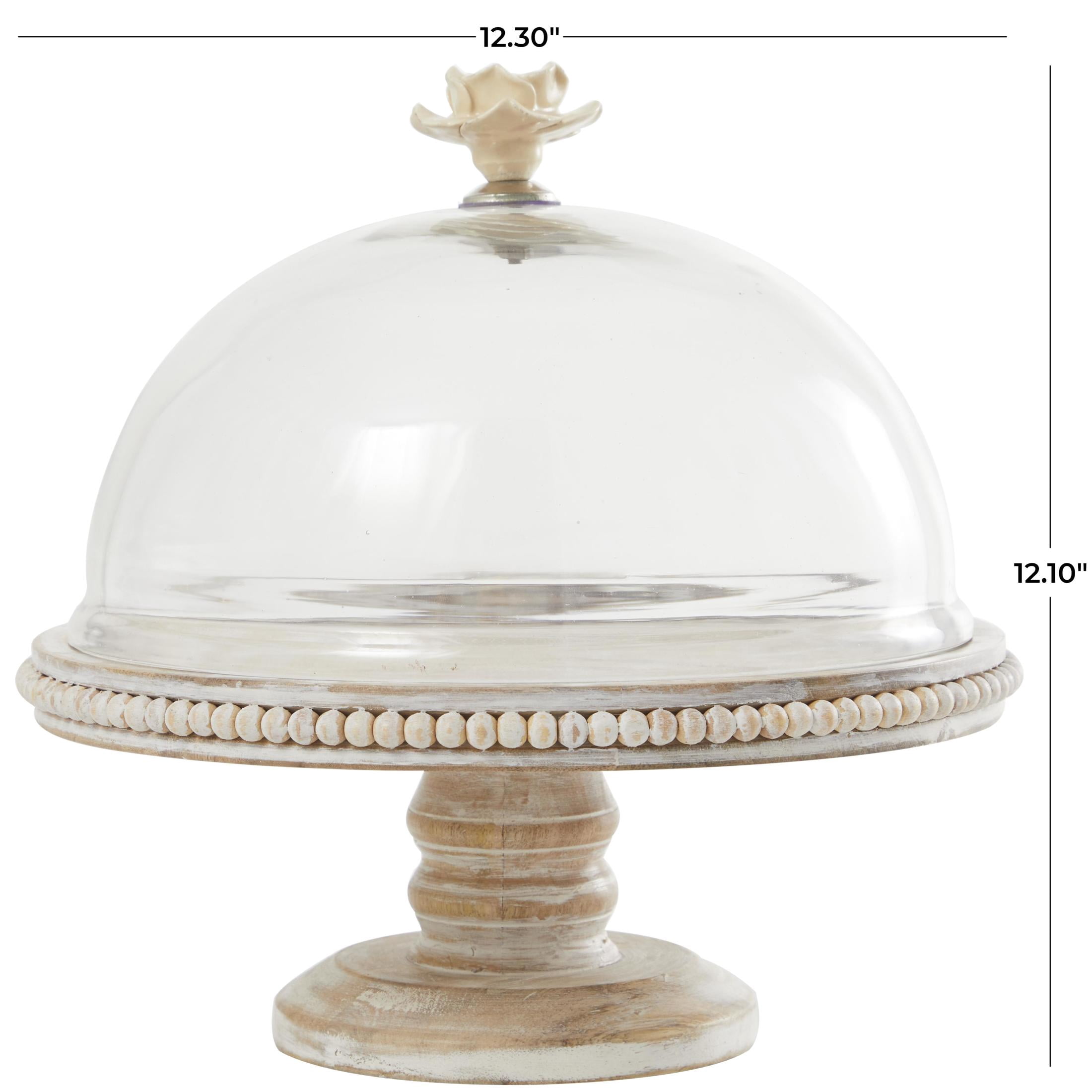 DecMode 12" x 12" Cream Mango Wood Floral Decorative Stand with Glass Dome, 1-Piece