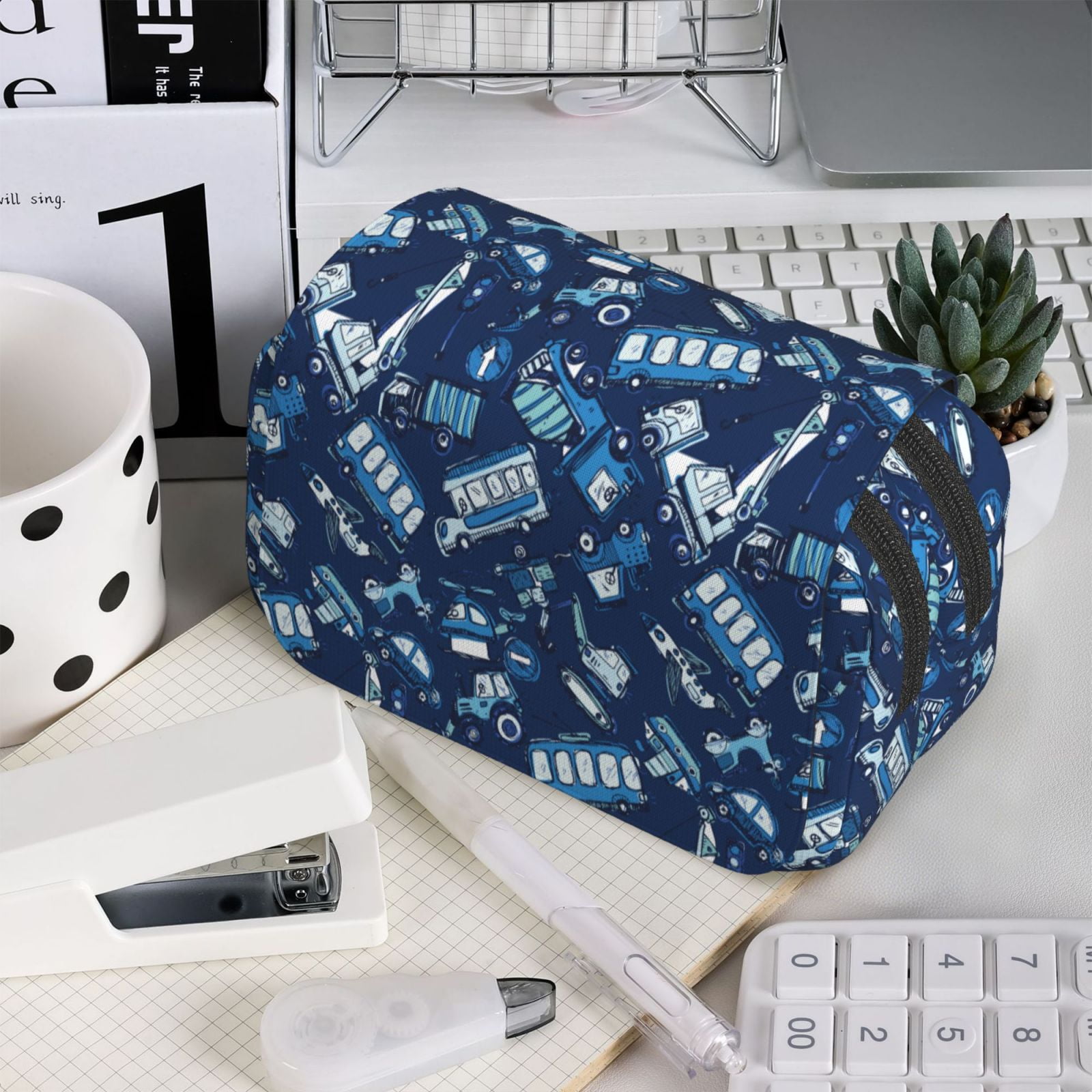 Rateoe Blue Bus Pattern Double Clamshell Pen Case, Storage Organizer with Two Zipper Compartments– Holds Up to 50 Pencils & Pens