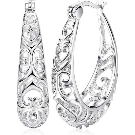 925 Sterling Silver Hoop Earrings for Women 18K White Gold Plated Textured Filigree Oval Hoop Earrings Lightweight & Hypoallergenic Vintage Hoop Earrings 18K White Gold Plated Silver {件数}
