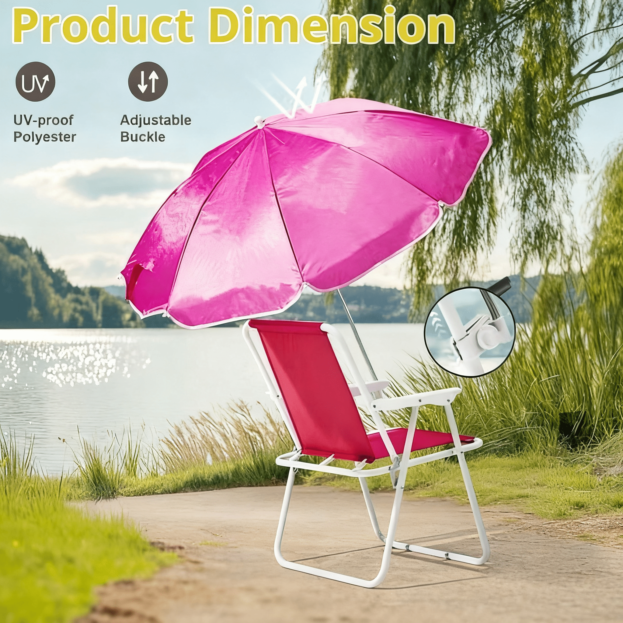 Folding Beach Chair with Umbrella for Adults, Lightweight Porable Camping Chair with 265lbs Capacity for Travel Picnic Concert & Outdoor Activities, Pink