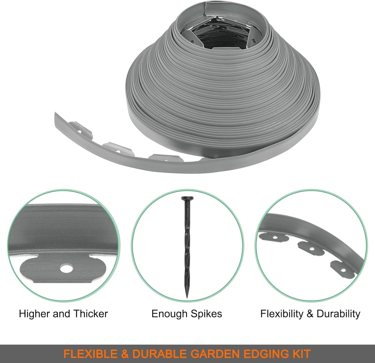 Garden Edging - 100 Feet Plastic Landscaping Edging Border with 93 Pack Spikes Apply to Flower Beds/Grass Lawn/Yard (1.57Inches Tall, Grey)