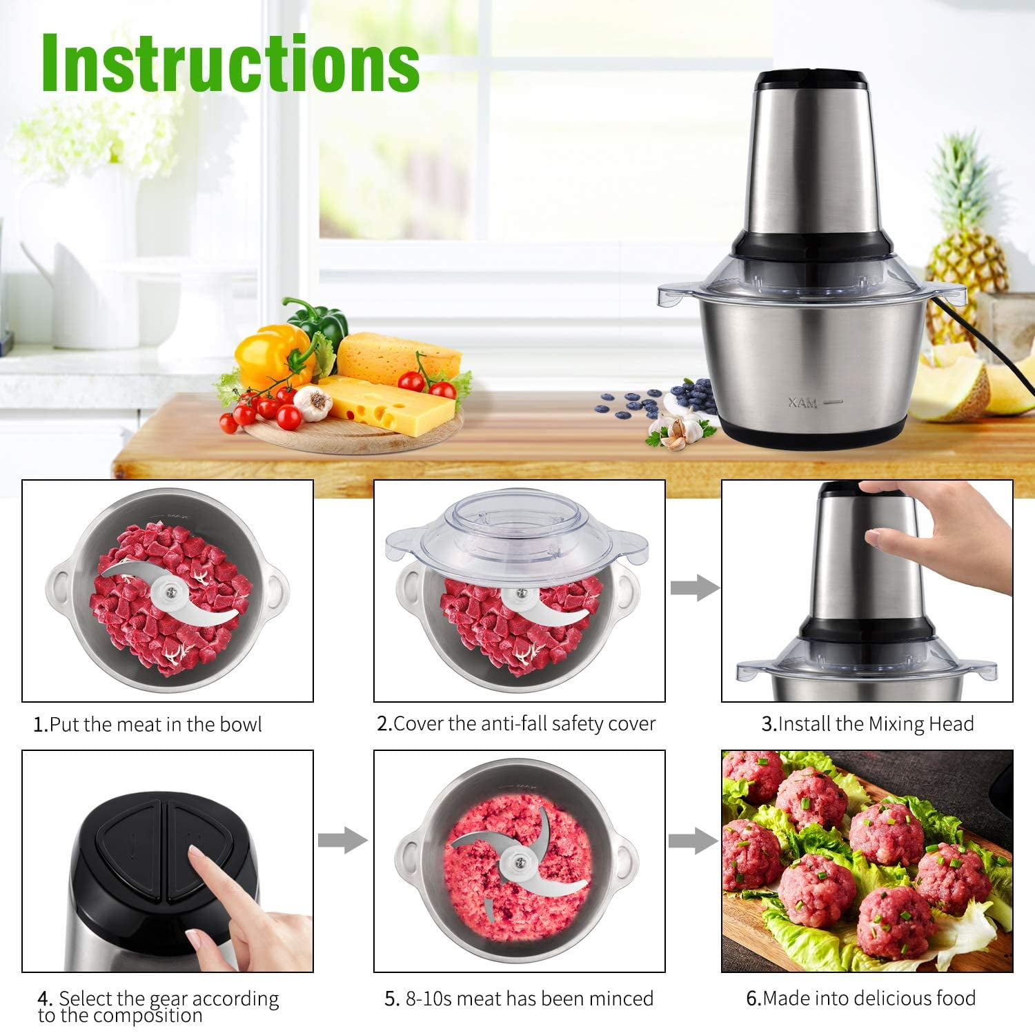 VEVOR Food Processor, Mini Electric Chopper 400W, 2 Speeds Electric Meat  Grinder, Stainless Steel Meat Blender, for Baby Food, Meat, Onion