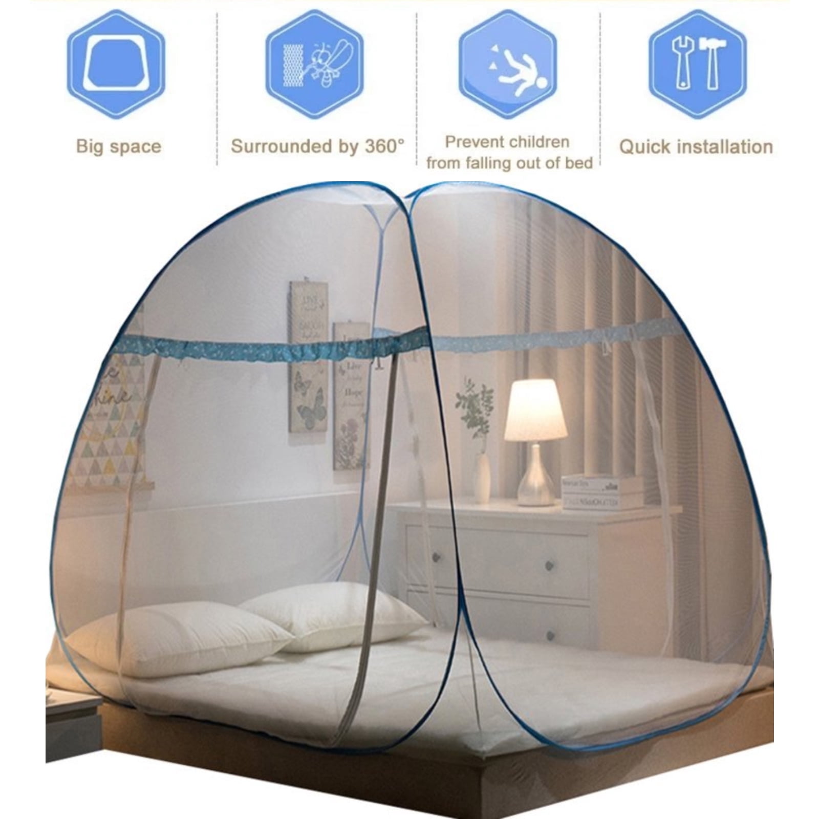 Zjyufy Mosquito Net for Bed Portable Folding Net Bed with Bottom Pop up Mosquito Net Tent for Indoor and Outdoor Use Mosquito Netting for Adults Trip Camping Travel Home，78.7 x 70.8 x 59 Inch
