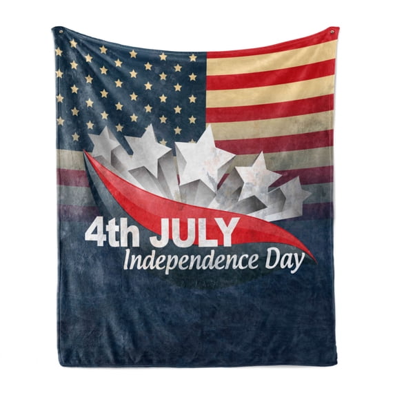 4th of July Soft Flannel Fleece Blanket, American Flag Backdrop with Stars and Swirled Abstract Stripes Patriotic Design, Cozy Plush for Indoor and Outdoor Use, 60" x 80", Multicolor, by Ambesonne