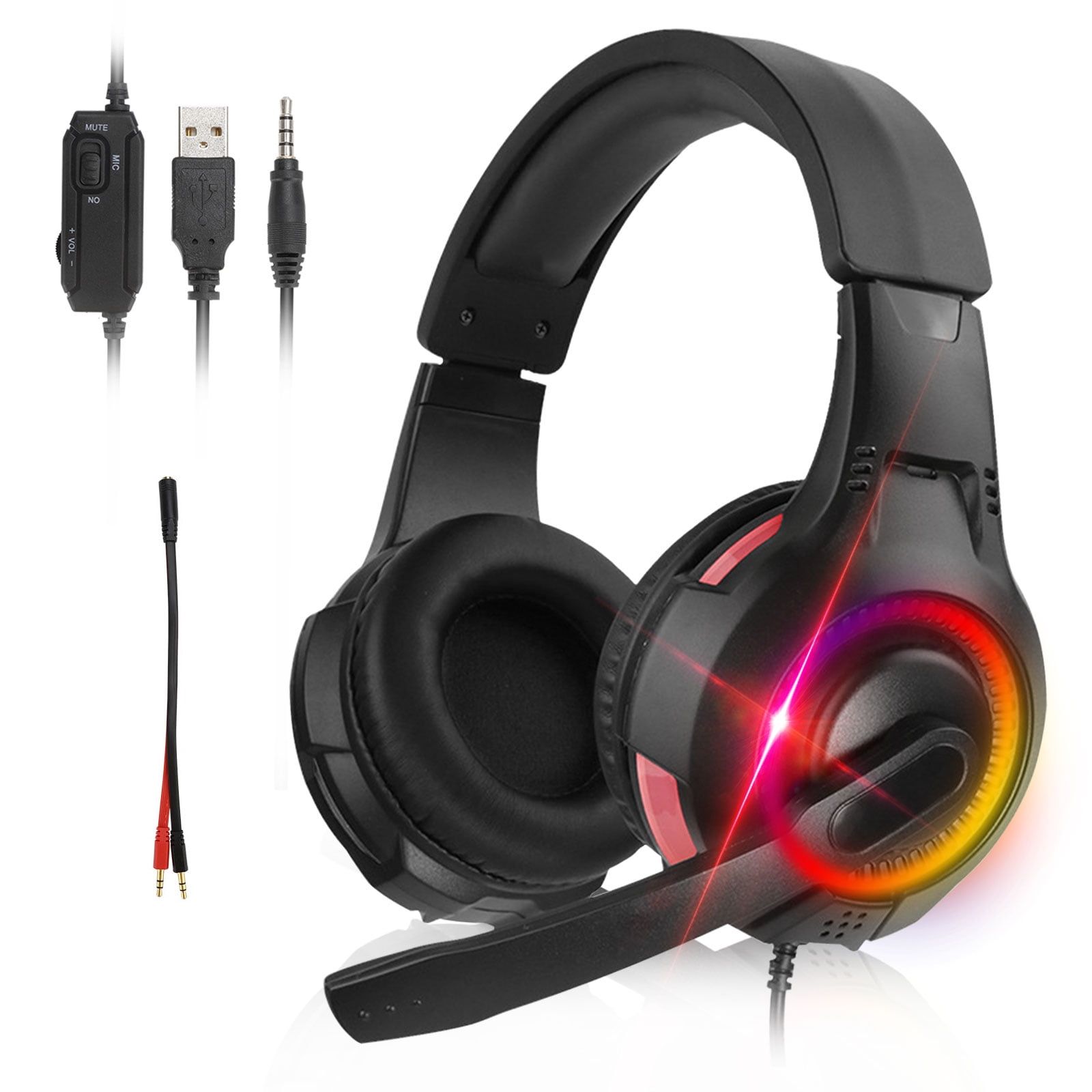 EEEkit Wired Gaming Headset Headphones with Adjustable Microphone for PS4 PC Laptop Mac Phone Computer, 7.1 Surround Sound & Cool LED Light Xbox One Headset, Red/Green