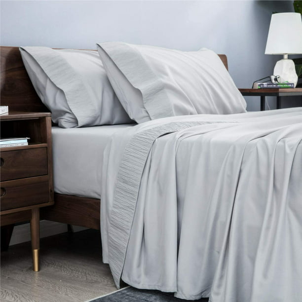 Ruffled Embossed Light Gray Bed Sheets, Light Gray Bed Sheets Queen