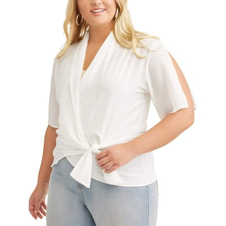 Poof Junior's Plus Cross Over Tie Drape Blouse