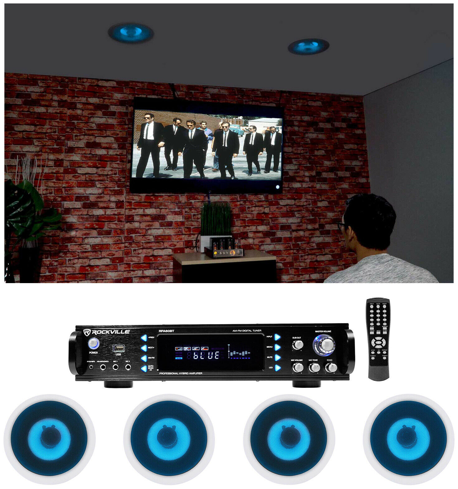 Rockville Home Theater Bluetooth Receiver+(4) InCeiling 6.5" Blue LED