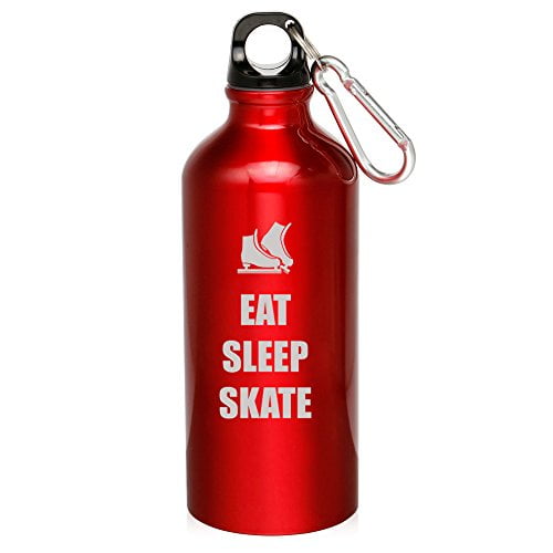 20oz Aluminum Sports Water Bottle Caribiner Clip Eat Sleep Skate Ice Skates (Red) by