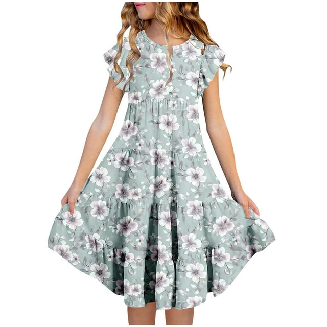 Zpanxa Robes Florales pour Filles Été Manches Courtes Manches Volantées Col Rond Imprimé de Fleurs Taille Poche Robe Superposée Polyester Spandex Multicolore 12-13 Ans