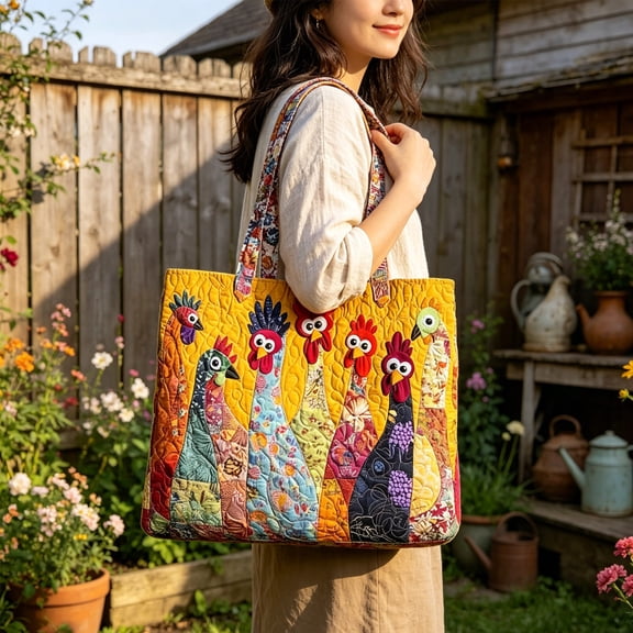 Japceit Patchwork Chicken Tote Bag, Colorful Boho Shoulder Purse, Reusable Funny Farm Canvas Handbag, for Shopping Beach Grocery
