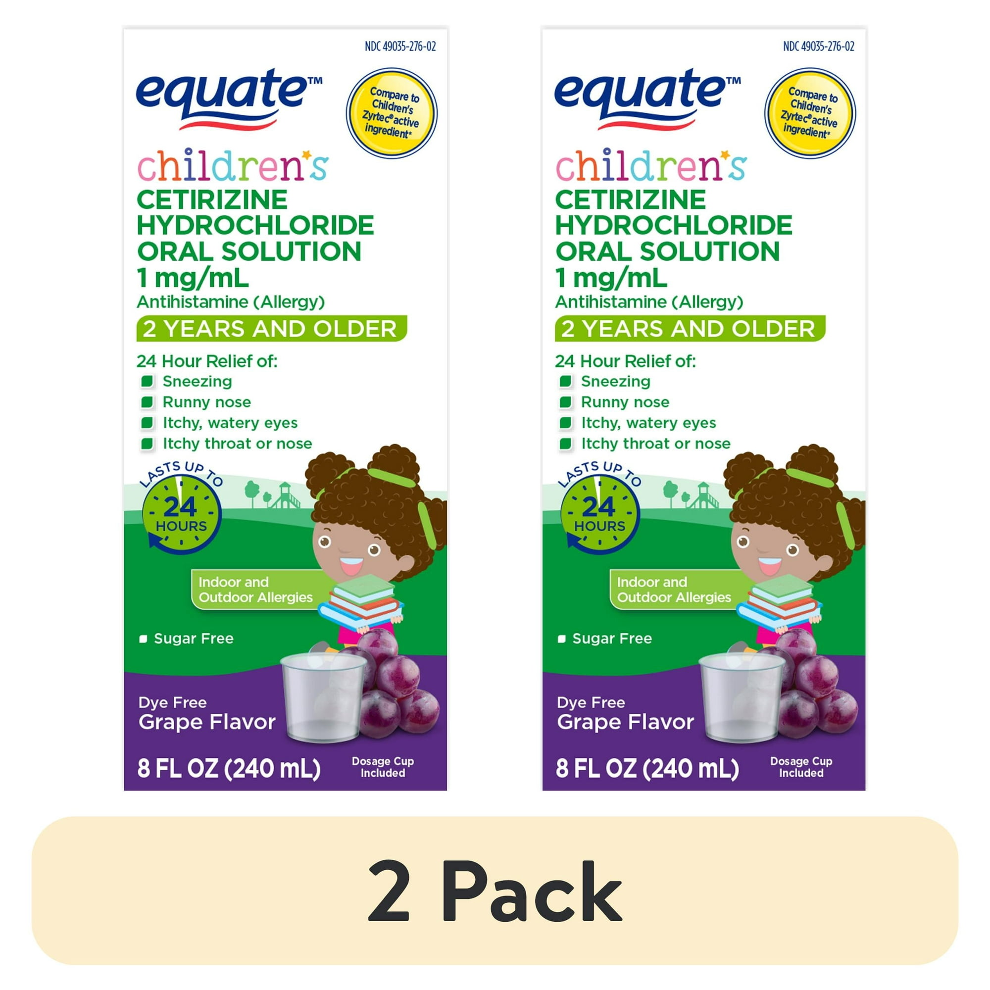 (2 pack) Equate Children's 24-Hour Dye-Free Cetirizine Hydrochloride Allergy Relief Oral Solution, 1 mg, Grape Flavor, Ages 2 Years and Older, 8 fl oz, Compare to Children's ZyrtecÂ® Active Ingredient