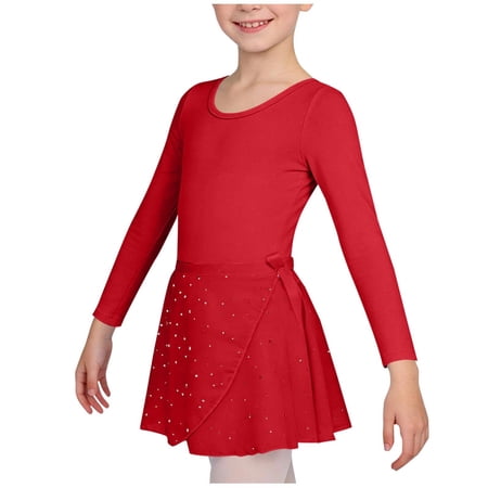 OGLCCG Girls Ballet Leotards 2Pcs Long Sleeve Dance Dresses with Removable Wrap Skirts Soft Stretch Ballerina Outfit for Kids 3-12 Years