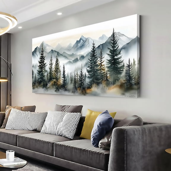 WFSposterWatercolor Forest Wall Art for Living Room Modern Mountain Canvas Painting Prints Foggy Woods Bedroom Landscape Office Wall Art Decor