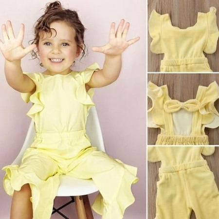 

Toddler Kid Baby Girl Holiday Ruffle Yellow Romper Jumpsuit Pant Bowknot Outfit