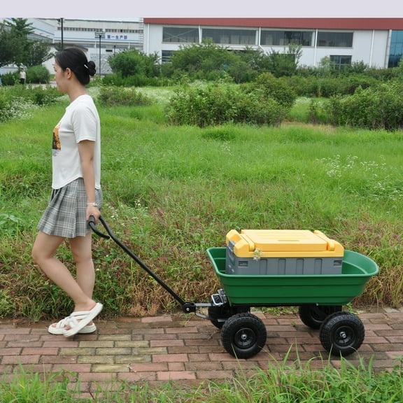 YYAo Garden Dump Cart, Pull Cart, Trolly Cart, Folding car Poly Garden dump truck with steel frame, 10 inches. Pneumatic tire, 300 pound capacity, 75 liter truck body