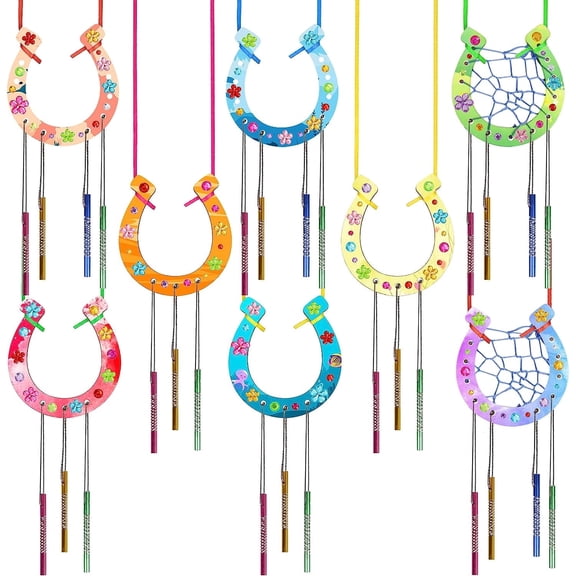 16 Pack Wind Chime Kit for Kids Make Your Own Horseshoe Wind Chime Wooden Arts and Crafts for Girls Boys Ornaments DIY Coloring Horseshoes Craft for Art Activity Birthday Supplies