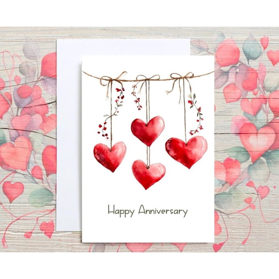 Happy Anniversary Card with Hanging Hearts Design – Beautiful Watercolor Artwork – Blank Inside for Personal Messages – Includes Envelope – Perfect Gift for Weddings and Anniversaries