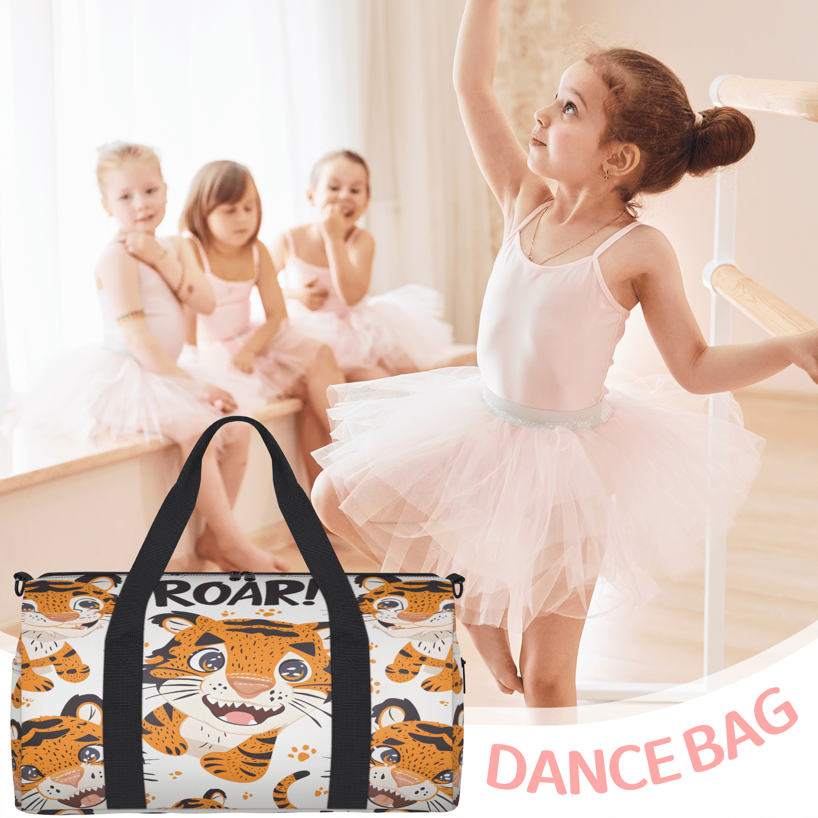 Herdesigns Cute Tiger Gym Bag for Women, Duffle Bag for Travel Sport, Pawprint Lightweight Waterproof Carry on Weekender Dance Yoga Workout Bags