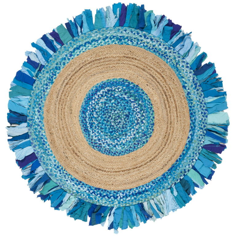 SAFAVIEH Cape Cod Susan Braided with Fringe Area Rug, 4' x 4' Round,  Turquoise/Natural 