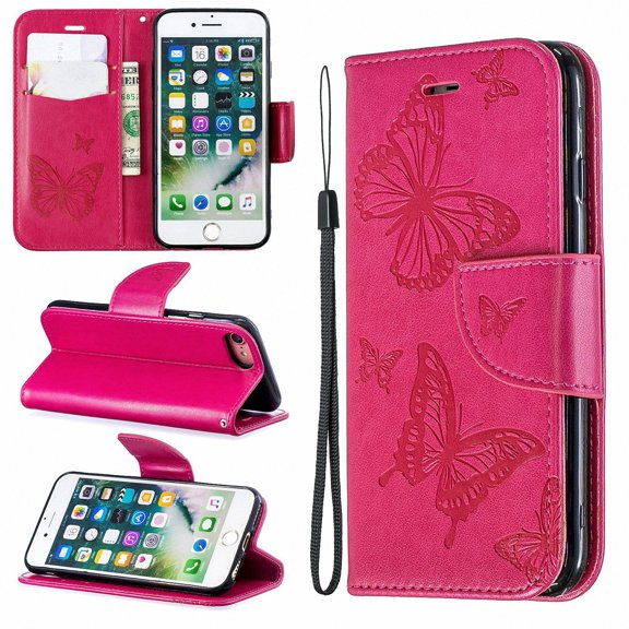 iPhone 8 Wallet Case, iPhone 7 Case, Dteck Embossed Butterfly Flip PU Leather Stand Card Slots Case Cover with Hand Strap For iPhone 8/ iPhone 7, Red