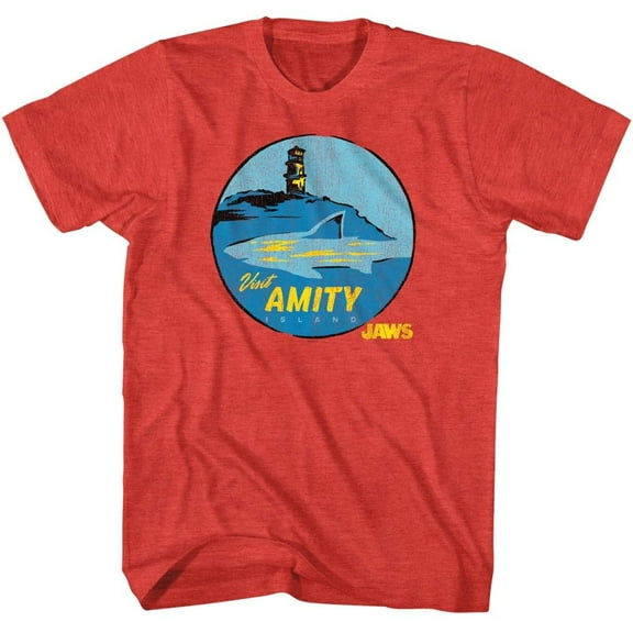 Jaws Visit Amity Island Shark Men's T Shirt (RedHeather, AdultM)