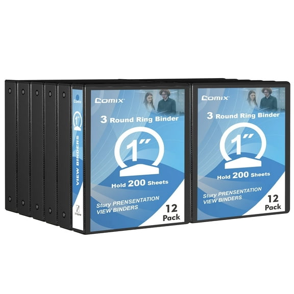 Comix Sturdy 1 inch 3 Ring View Binder, 1" Round Ring,  200 Sheets Paper, 12 Pack Black 2mm-thick cardboard