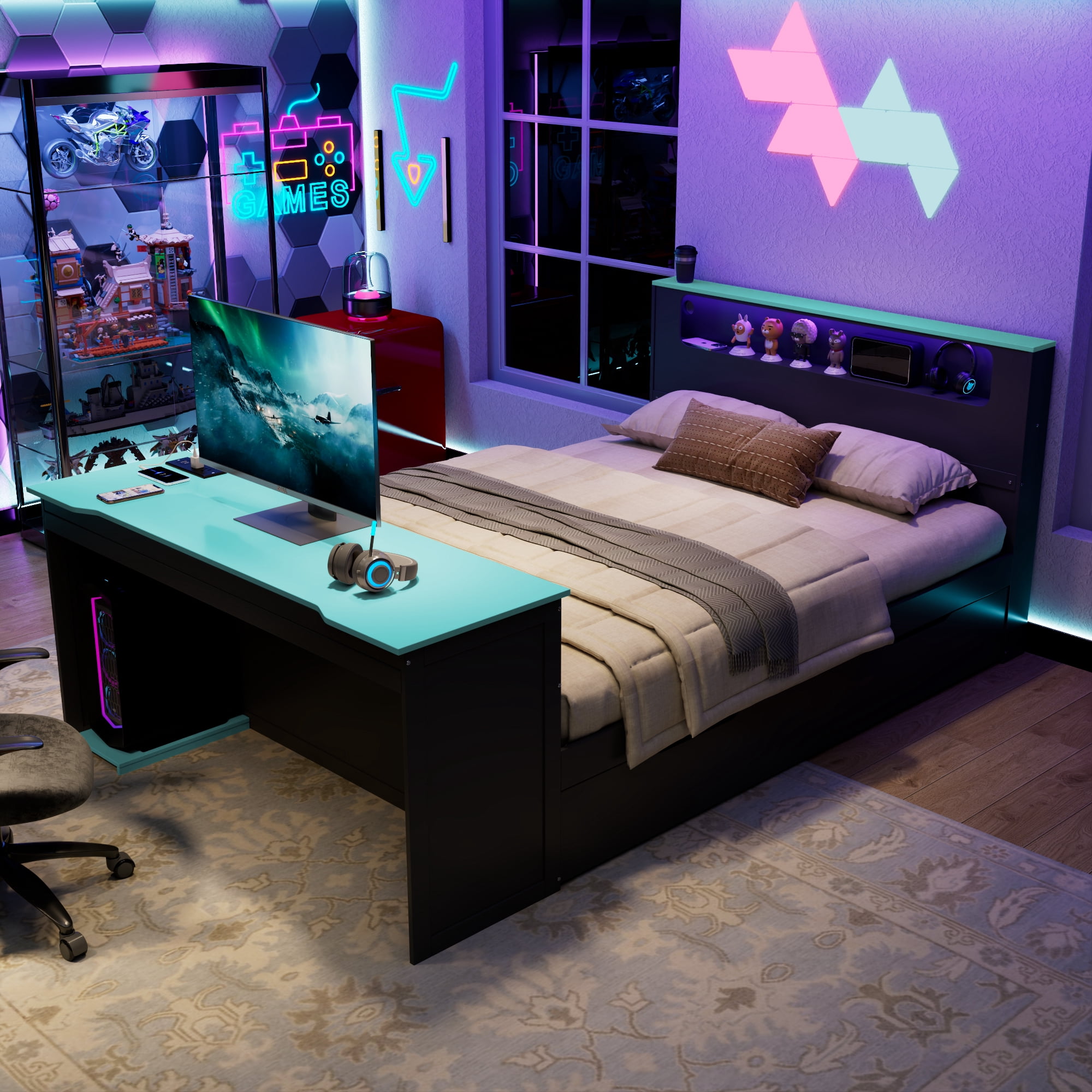 Mintazer Full Gaming Bed with Charge Station & Lights, Daybed with Desk & Trundle for Home Office, Black & Blue