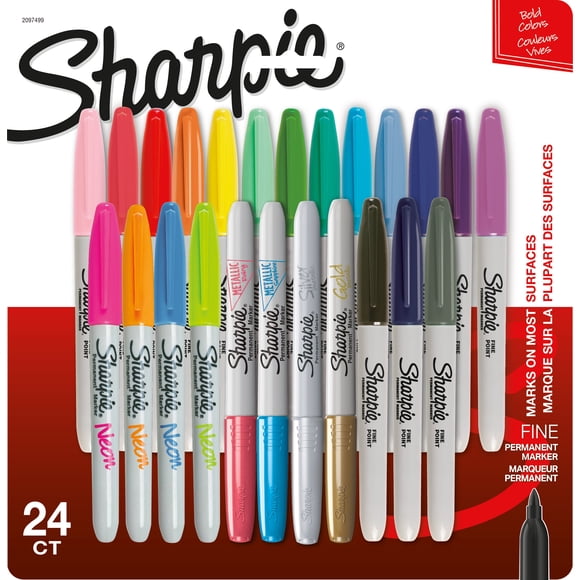 Marqueurs permanents Sharpie, pointe fine, couleurs assorties, 24 unités