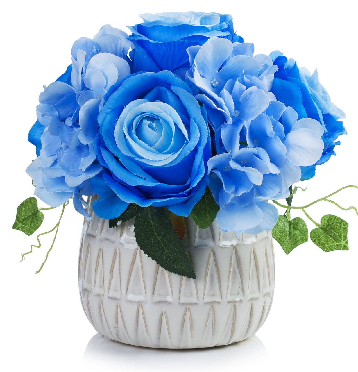 Blue Silk Hydrangea and Rose Floral Arrangement in Ceramic Pot