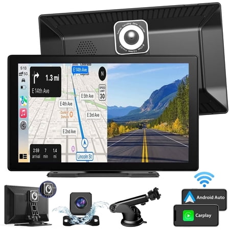 Lieucyst Portable Car Stereo Wireless 9 Inch Touch Screen Apple Carplay & Android Auto with 2.5K Dash Cam, 1080P Rear Camera, Bluetooth