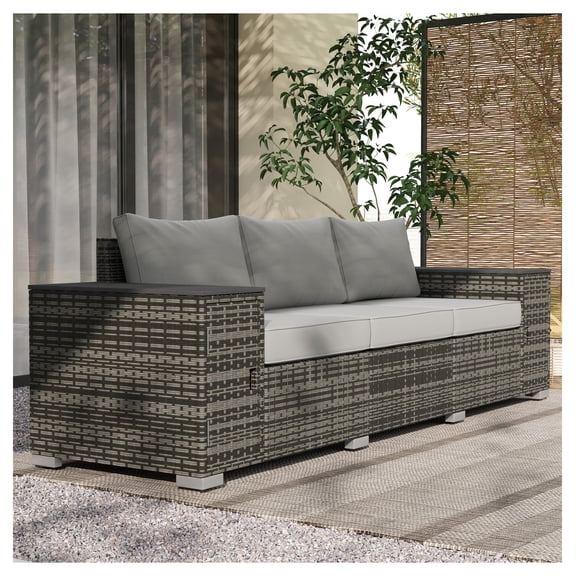 3 Seater Wicker Outdoor Couch Patio Sofa with Storage, Gray - Thick Cushions, Wide Armrests for Porch, Yard, Balcony Furniture