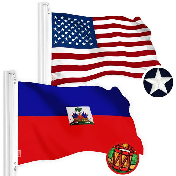 G128 Combo Pack: American USA Flag 3x5 Ft & Haiti Flag 3x5 Ft, Both Embroidered SPUN Polyester, Indoor/Outdoor, Brass Grommets