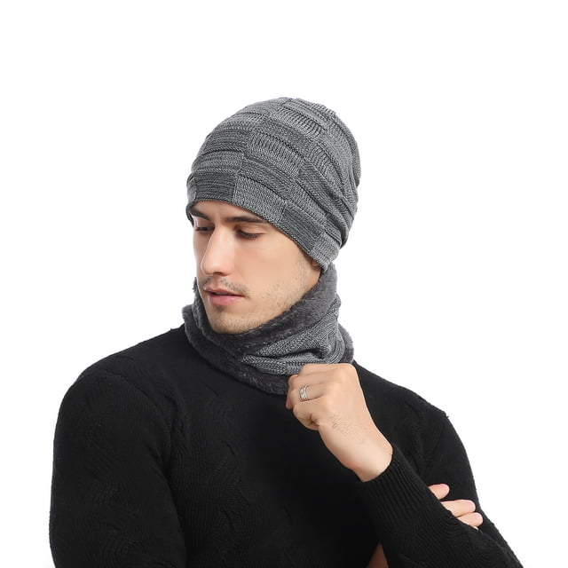 LSLJS Two Pieces Of Mixed Color Knitted Woolen Thick Hat and Scarf For and Winter Warm Suit Gifts for Men