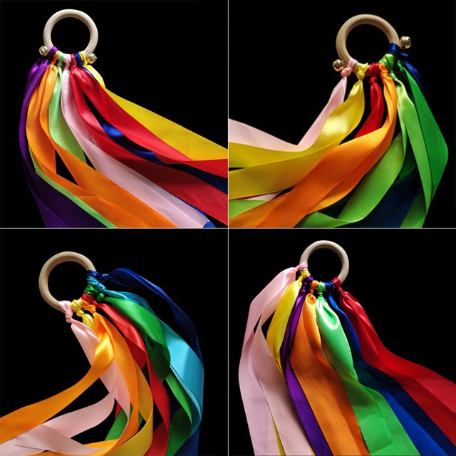 VONKY Children Gymnastic Wood Ring Ribbon Professional Reusable Dancing Rope Training Practise Sports Gears Accessories 50cm with 2 Bells