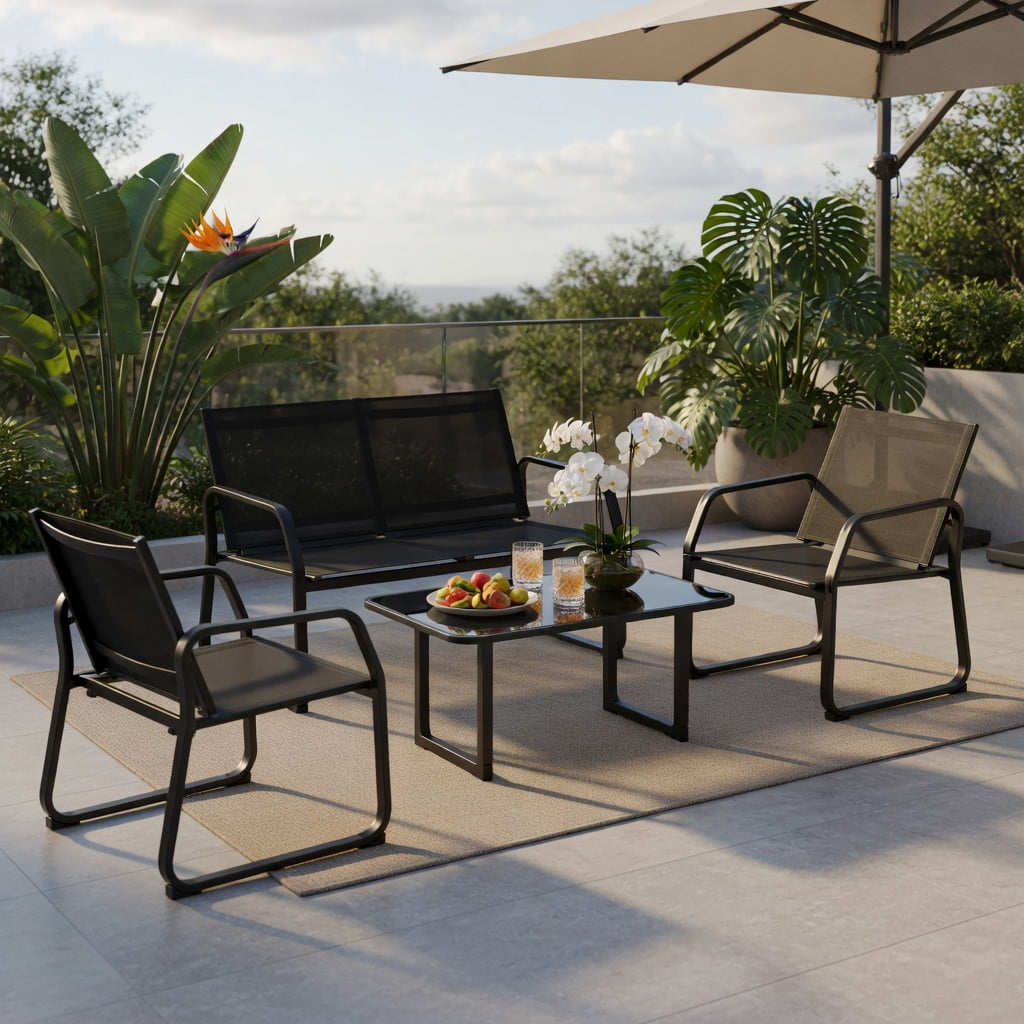 Hommoo 4-Piece Outdoor Patio Conversation Set, Metal Frame, Breathable Fabric Seating & Tempered Glass Coffee Table for Backyard, Deck or Balcony, Black