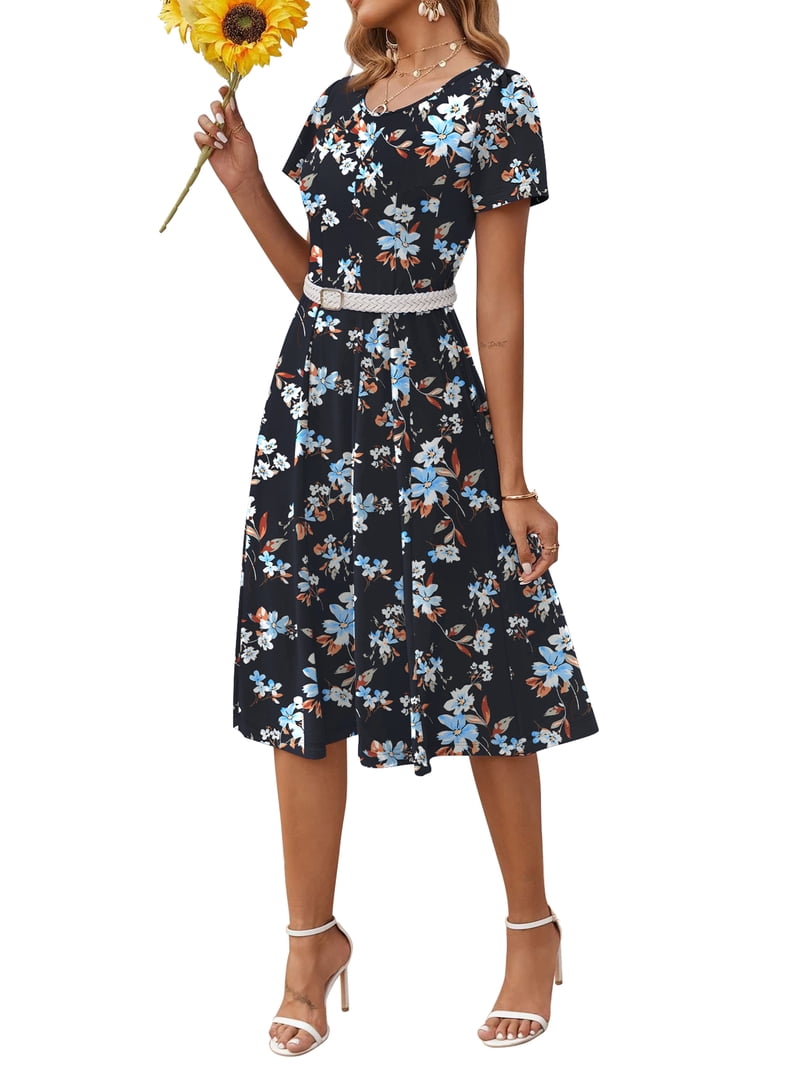 short flowy flower dress Women's Floral Puff Sleeve Midi Dress