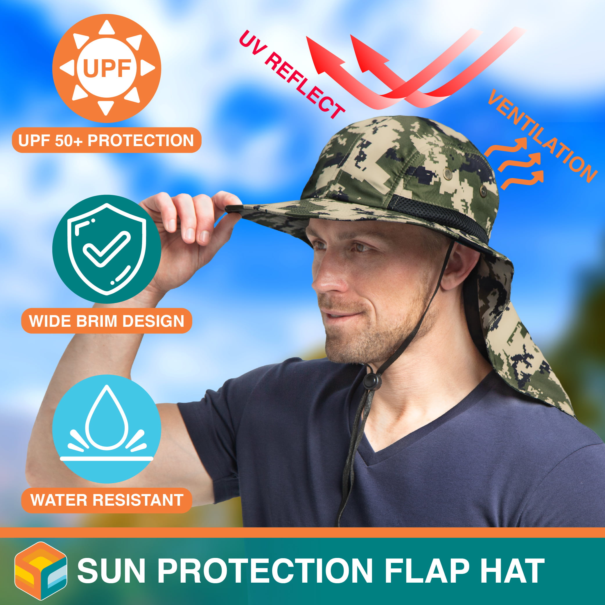 SUN CUBE Sun Hat for Men, Wide Brim Fishing Hat Neck Flap Cover Men Women,  Hiking Safari, UV Sun Protection Summer Gardening Beach Camping UPF 50+,  Tan 