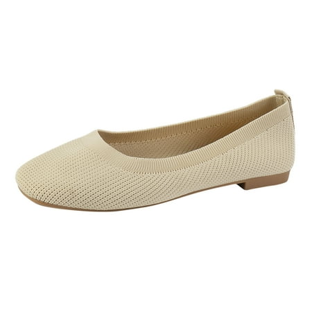 QYZEU Womens Sneakers Casual Dress Shoes for Women Ladies Fashion Solid Color Breathable Mesh Knitted Square Head Flat Bottom Casual Single Shoes Beige 40