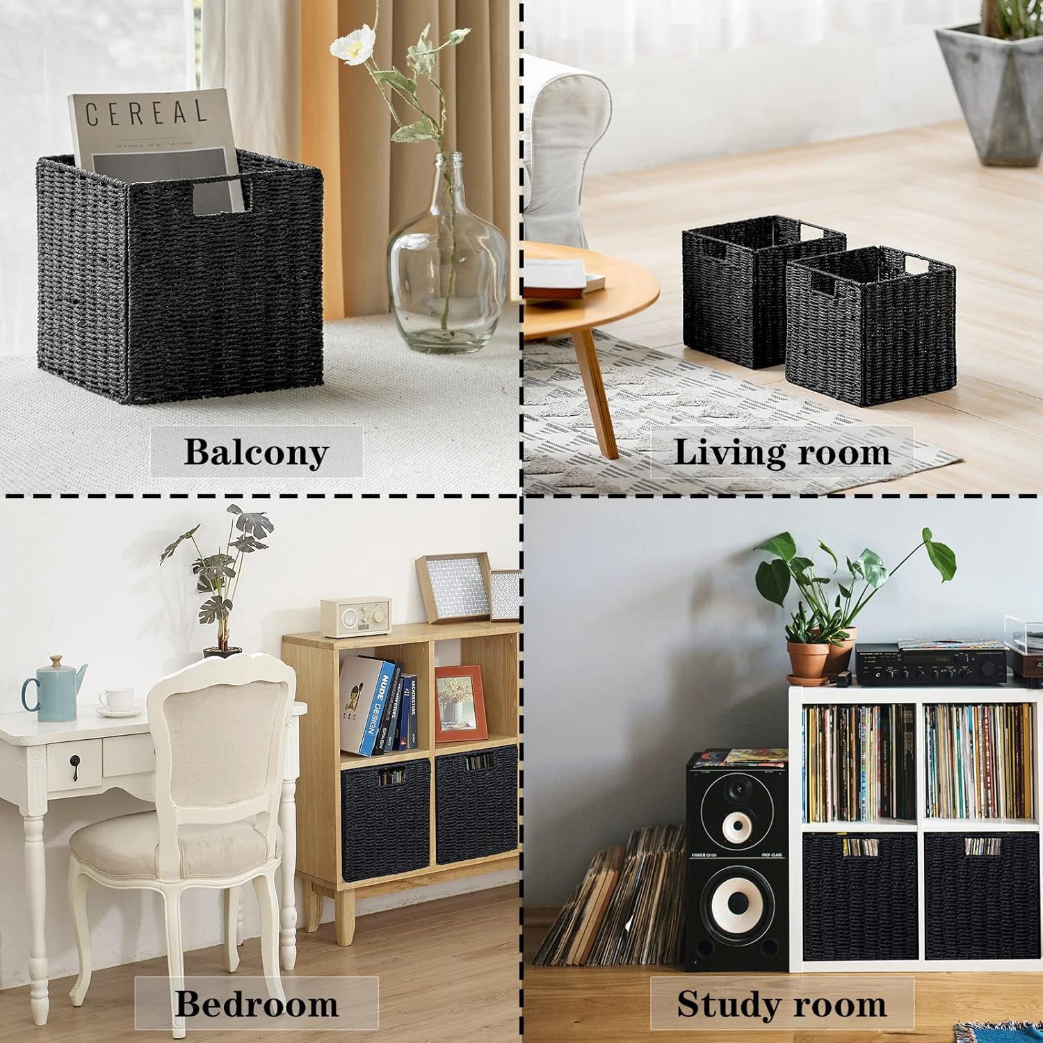 Storage Basket, Set of 2 Hand-Woven Storage Baskets for Organizing with Handles, Foldable Cube Storage Baskets Bins Organizer, 13 inch Large Wicker Baskets for Shelves & Decor, Black