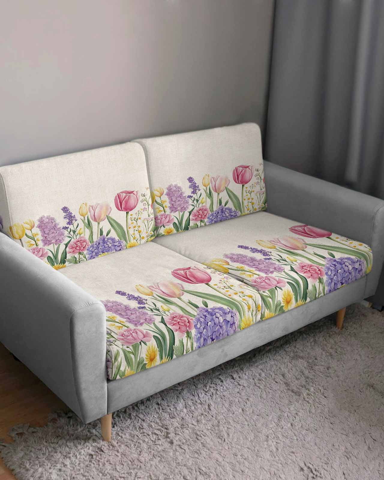 Spring Floral Couch Cushion Covers,Stretch Seat Cushion Covers for Sectional Sofa,Pink Tulip Summer Botanical Rustic Individual Sofa&nbsp;Slipcovers Furniture Protector with Elastic Straps 1Pcs, S