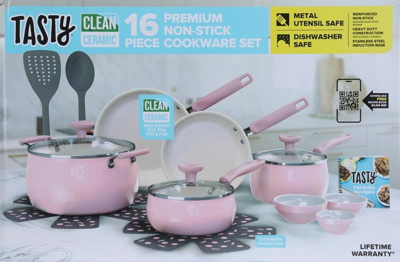 Clean Ceramic Nonstick Cast Aluminum Cookware Set w/Heart Shaped Lid Knobs  Pink