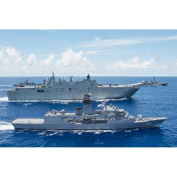 24x36 gallery poster, HMAS Canberra, a Canberra class landing helicopter dock, and HMAS Arunta, an Anzac-class frigate, sailing in formation