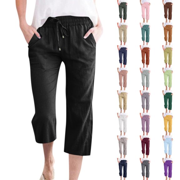 SOFTCCLO Capri Pants for Women Plus Size Solid Drawstring Trousers Loose Casual Fashion 7/8 Length Womens Pants Army Green XXXXL