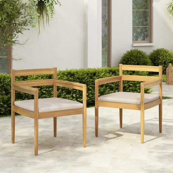 Christopher Knight Home Outdoor Armchair with Beige Cushion, Solid Wood Frame, Light Teak, Set of 2