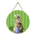thumbnail image 3 of Letrero redondo de Pascua para puerta, decoración de madera con diseño de conejo y respaldo de cuerda de yute rústica. Estilo D, 3 of 9