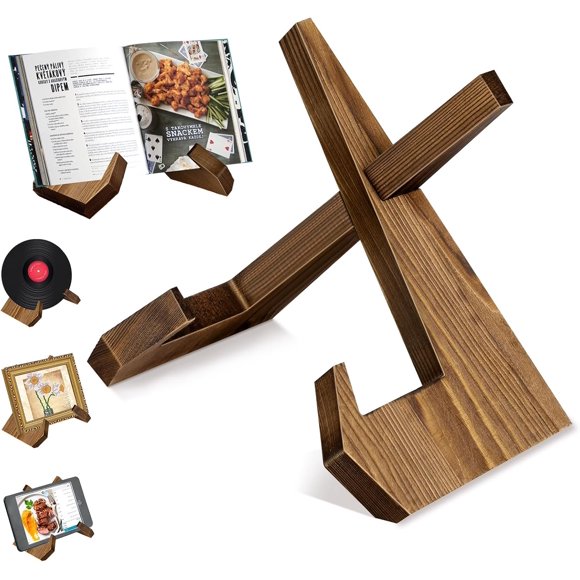 DAZUINIAO Cookbook Stand Wooden Cookbook Holder Solid Wood Recipe Book Holder Farmhouse Cook Book Stand Rustic Display Stand Kitchen Counter Decor for Cooking Reading Hands-Free Tablet